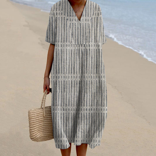 Women Vintage Stripes Casual V Neck Short Sleeve Midi Dress elevenforest
