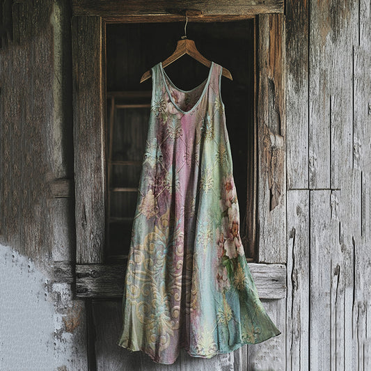 Vintage Flower Art Linen Blend Tank Midi Dress elevenforest