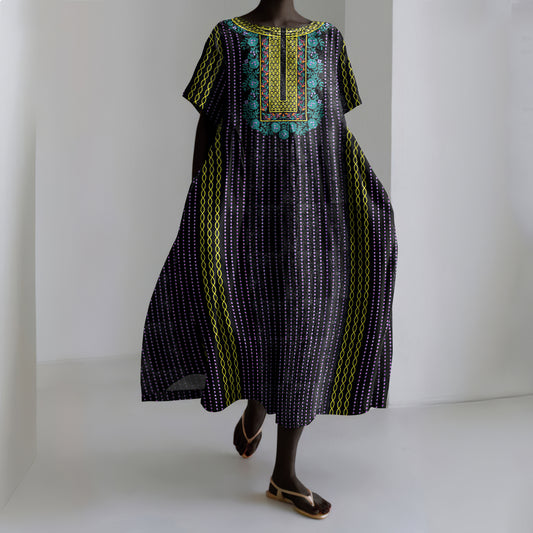 Vintage Tribal Print Women's Linen Dress elevenforest