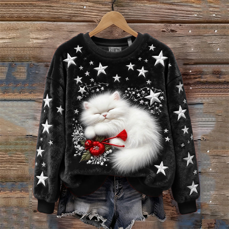 Christmas Sleeping Fuzzy Cat Stars Embroidered Cozy Plush Sweatshirt elevenforest
