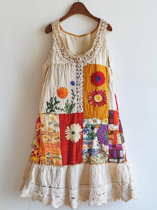Floral Embroidered Lace Patchwork Linen Blend Dress elevenforest