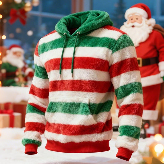 Men's Christmas Striped Print Plush Warm Hoodie elevenforest