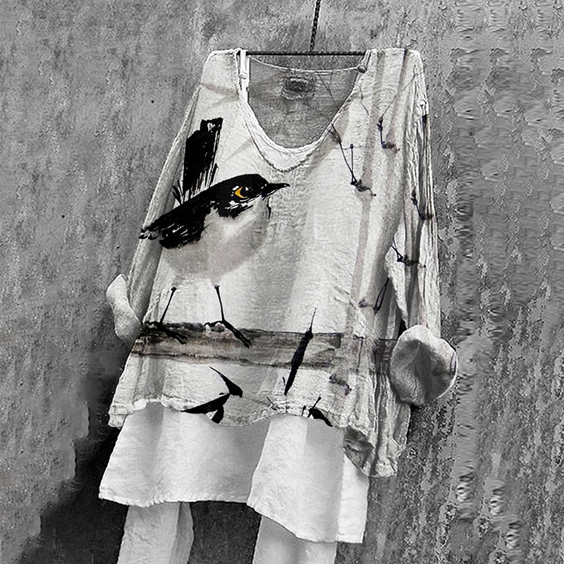 Comstylish Vintage Bird‘s Art V Neck Linen Blend Blouse