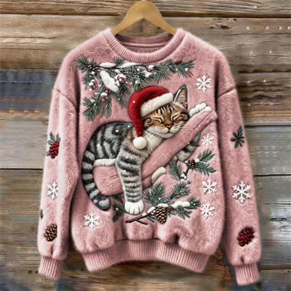 Christmas Lazy Cat Art Women's Cozy Plush Sweater elevenforest