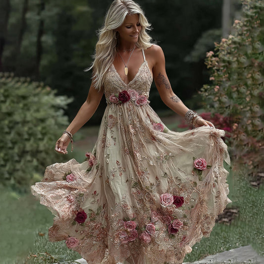 Women's Vintage Rose Floral Embroidery Art V-neck Suspender Maxi Dress elevenforest