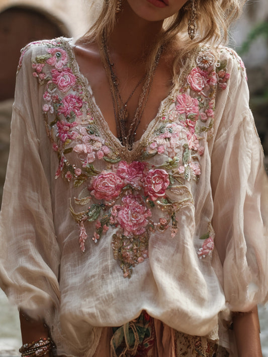 Bohemian Style Embroidered Rose Long Sleeved V-neck Retro Top elevenforest