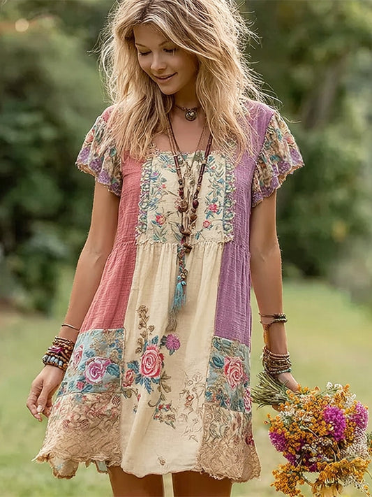 Boho Floral Patchwork Art Women's Linen Short Sleeve Mini Dress elevenforest