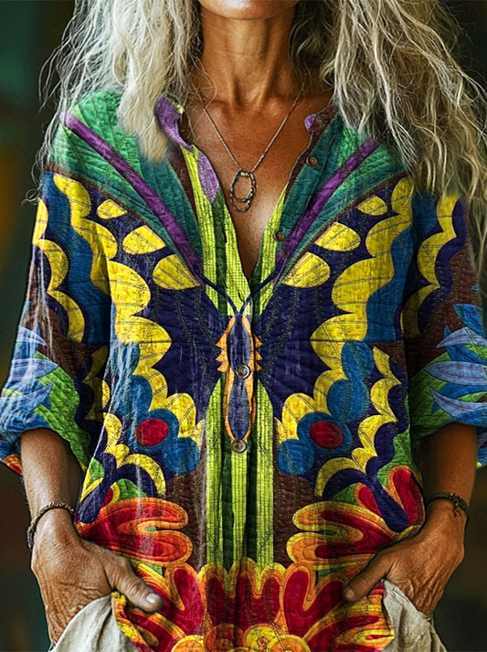 Women's Colorful Butterfly Texture Art Print Casual Cotton Linen Shirt