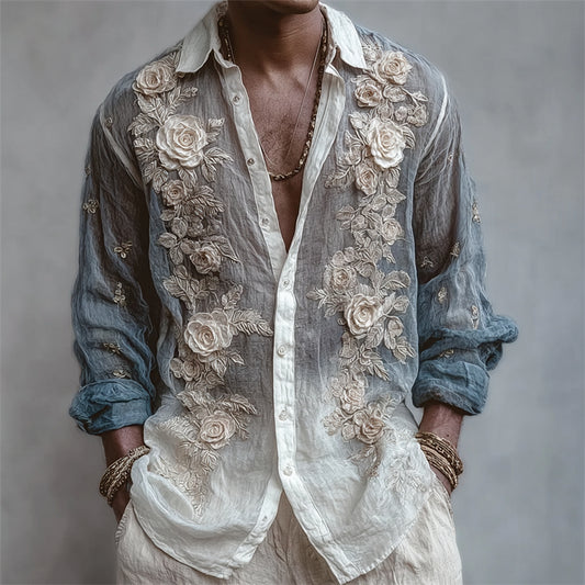 Men's Vintage Roses Fiber Art Gradient Linen Shirt elevenforest