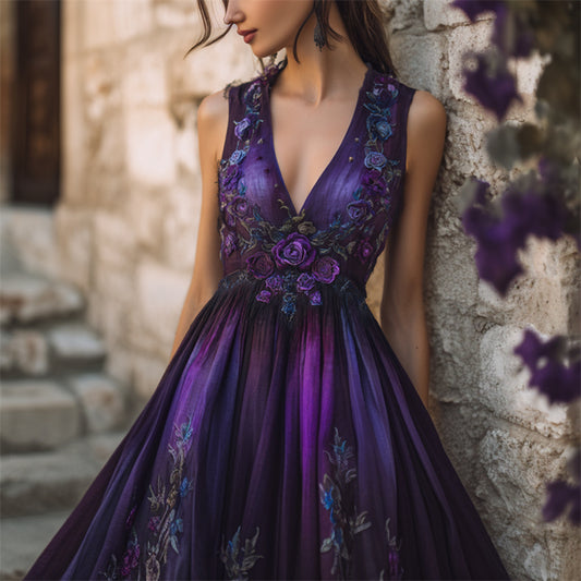 Mystical Purple Roses Vines Embroidered Linen Maxi Dress elevenforest