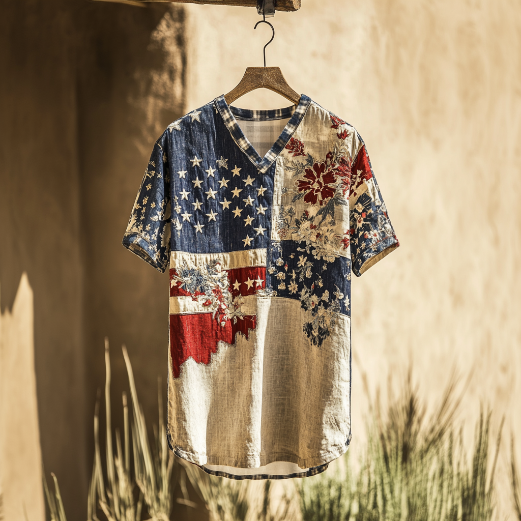 Men's American Flag Independence Day With Floral Patchwork Sun Linen T-shirt elevenforest