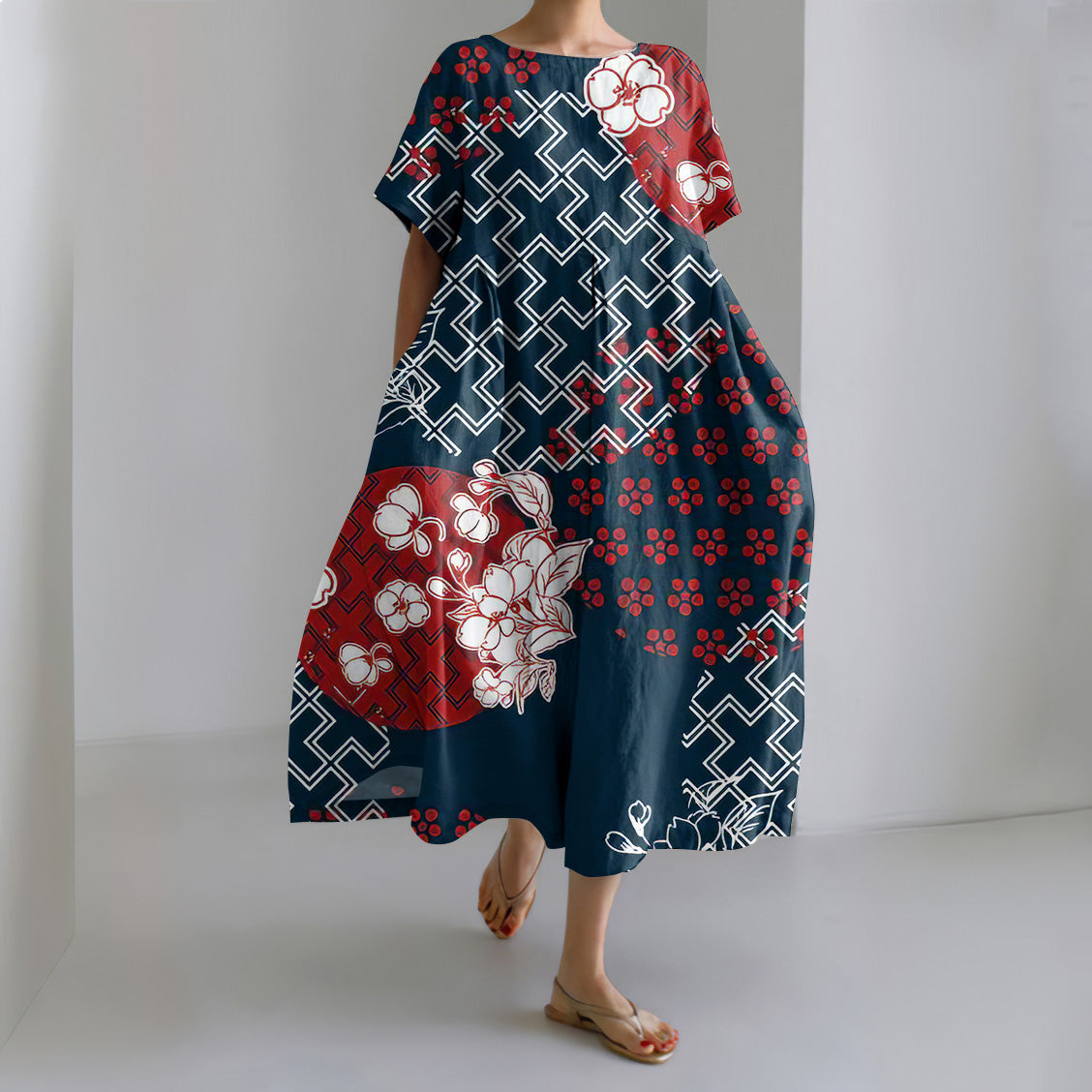 Comstylish Women's Vintage Japanese Flower Art Print Short Sleeve Midi Dress