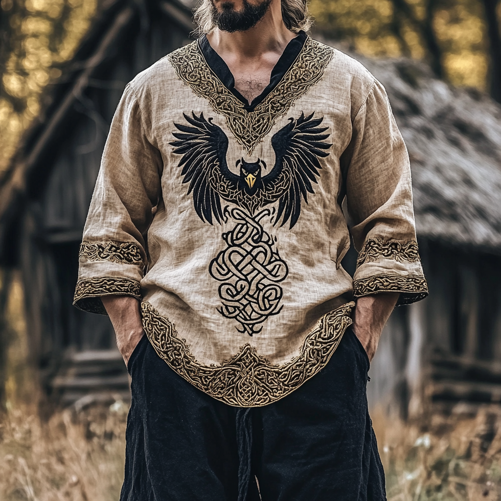 Vintage Men's Viking Eagle Rune Print Linen Shirt elevenforest