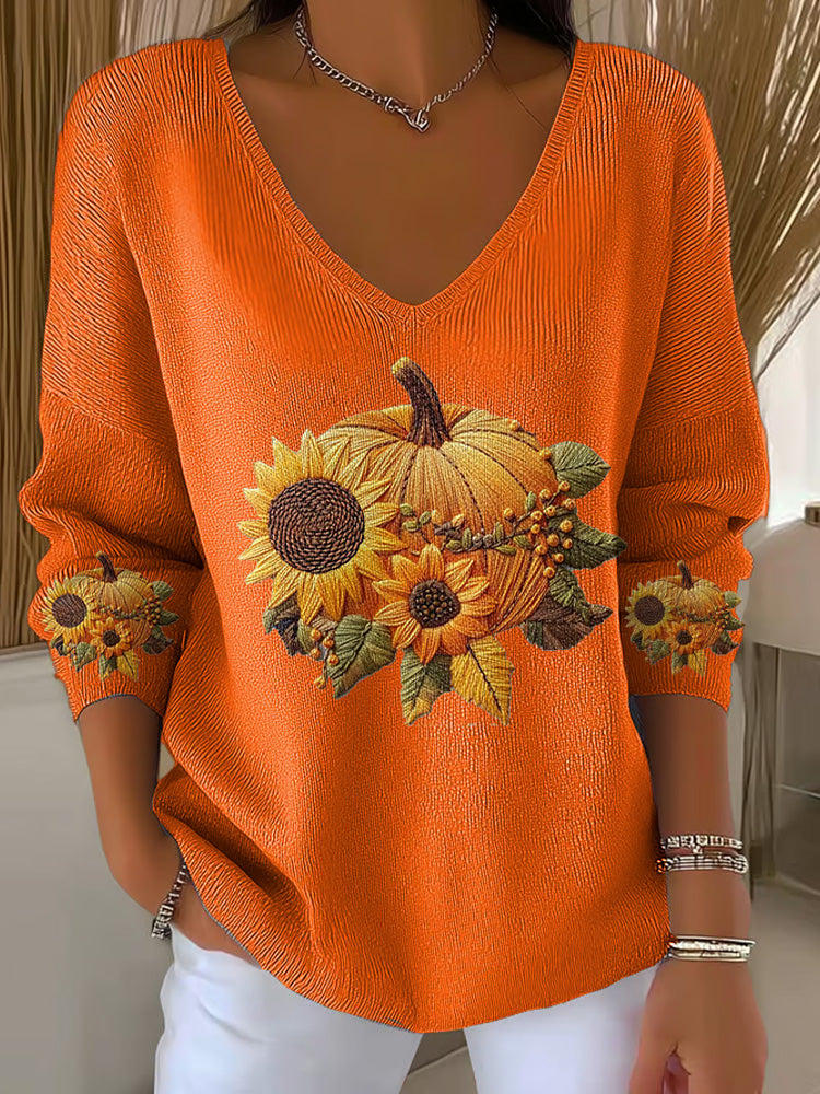 Comstylish Women's Casual Pumpkin Floral Long Sleeve T-shirt