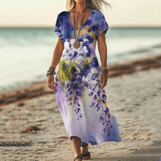 Vintage Purple Floral Art Pattern Casual Maxi Dress elevenforest