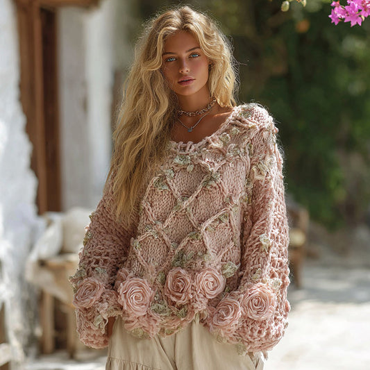 Women's Boho Rose Chunky Knit Crew Neck Aran Sweater elevenforest