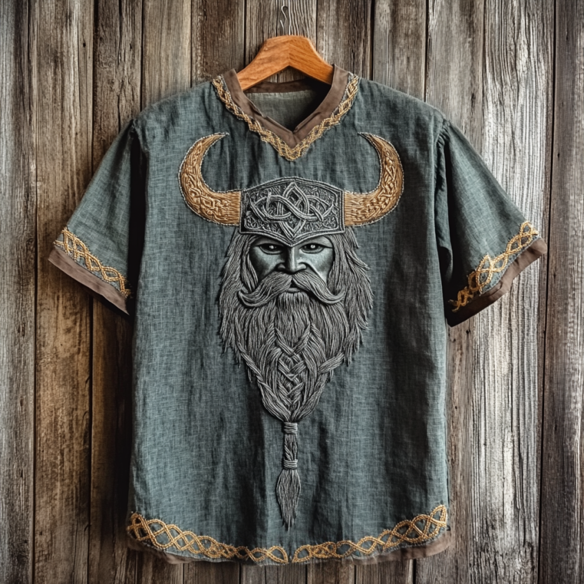 Men's Viking Tribal With Celtic Knotwork Embroidered Linen T-shirt elevenforest