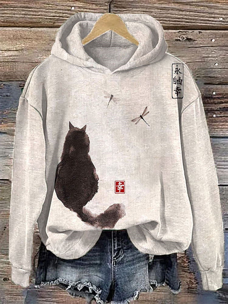 Ink Painting Black Cat Japanese Art Print Retro Hooded Sweatshirt elevenforest