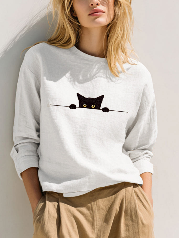 Women's Casual Funny Black Cat Print T-shirt elevenforest