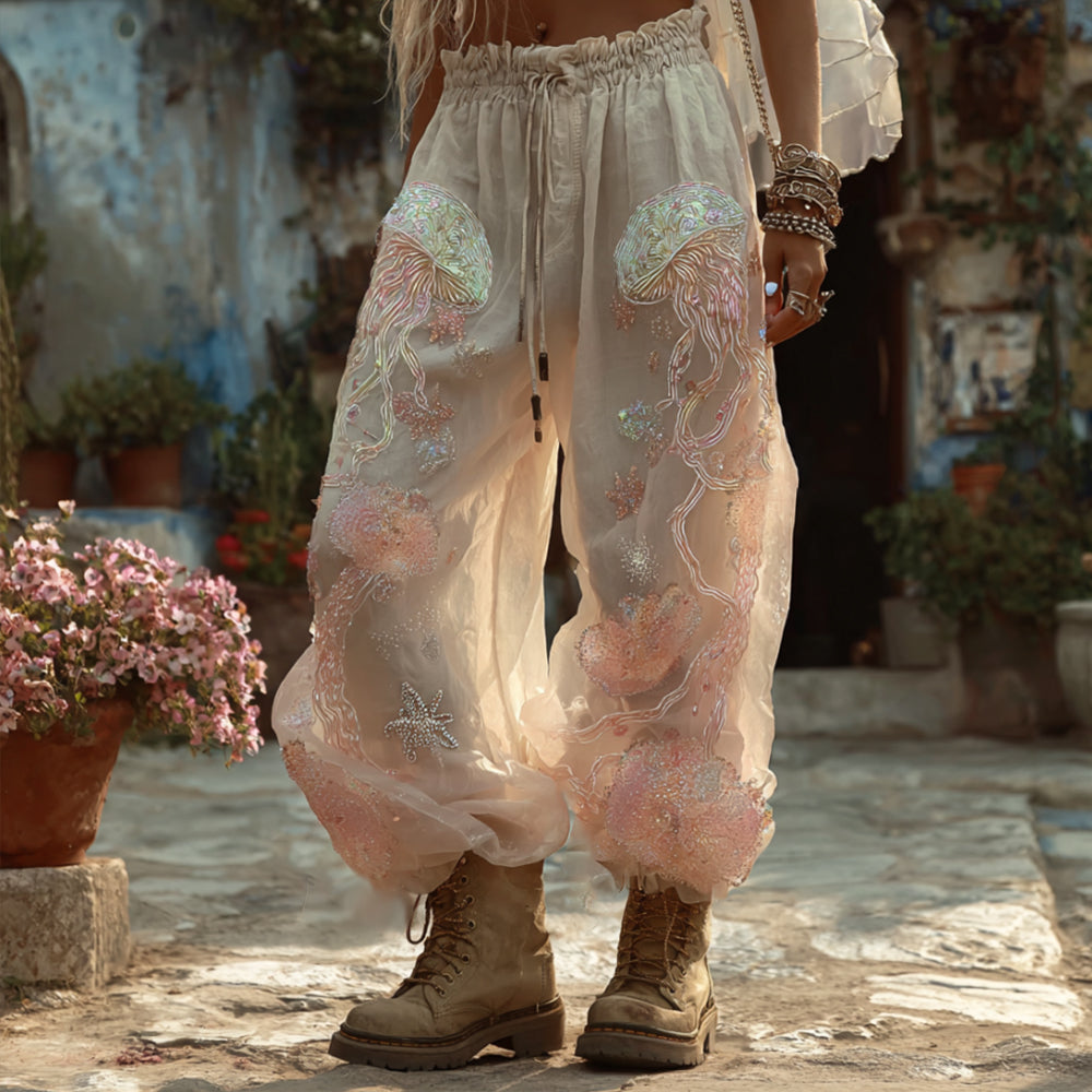 Bohemian Ocean Jellyfish Sequin Comfortable Linen Trousers elevenforest
