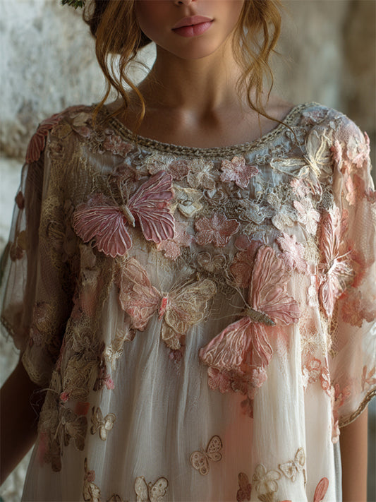 Boho Pink Butterflies Glitter Embroidered Flowy Linen Tunic elevenforest