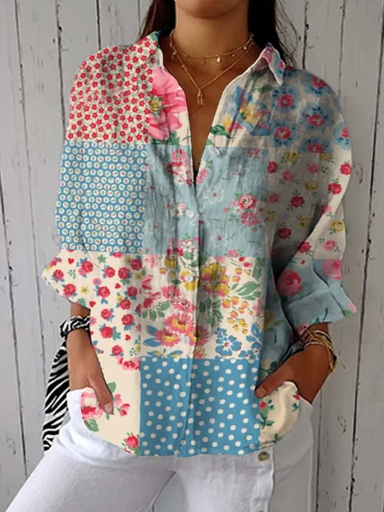 Women's Vintage Botanical Floral Patchwork Art Print Design Lapel Shirt elevenforest
