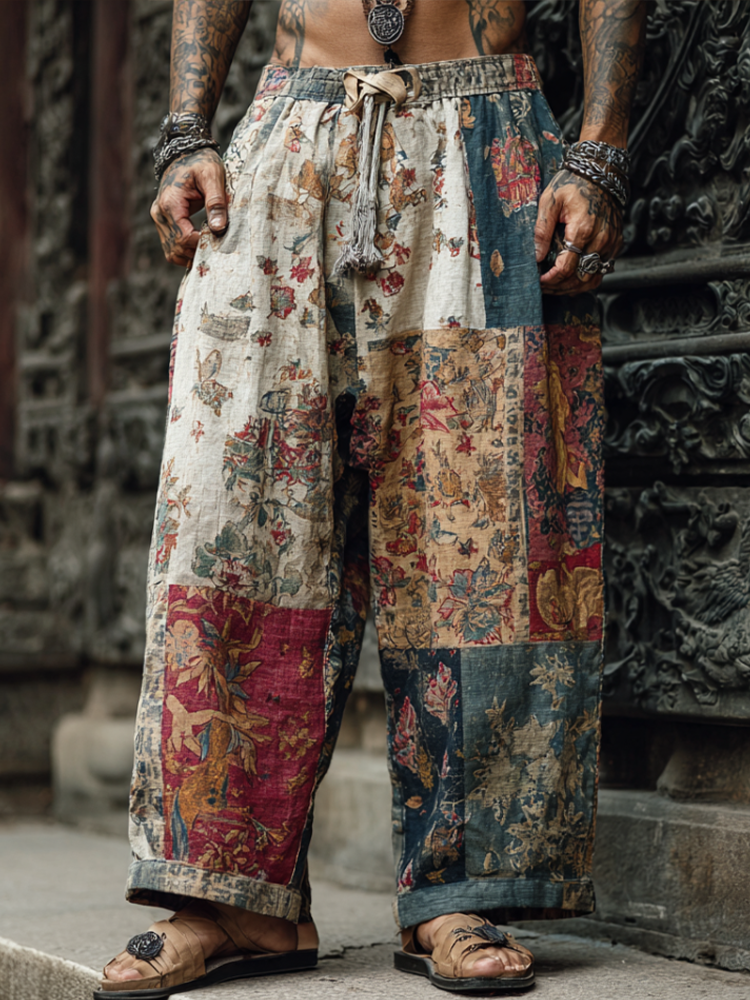 Western Bohemian Style Plant And Flower Pattern Retro Cotton And Linen Loose Wide-leg Pants elevenforest