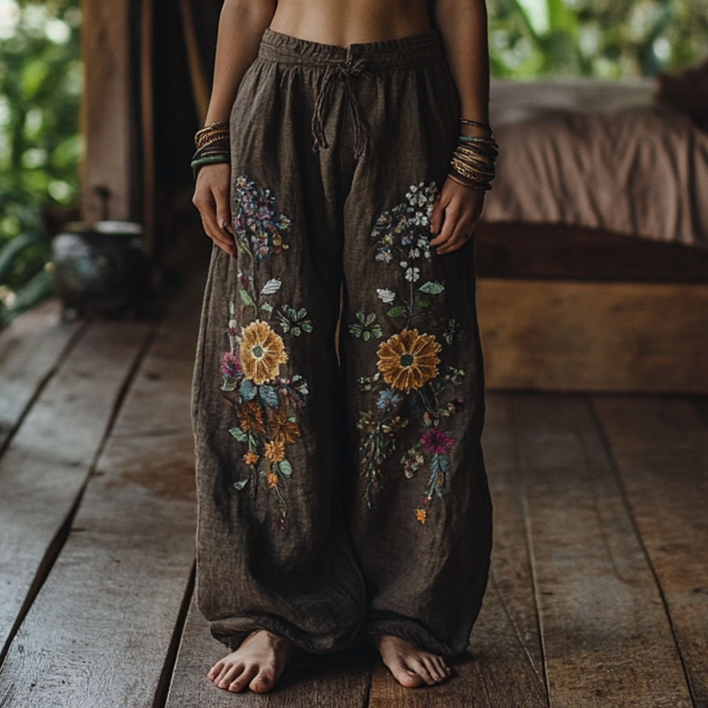 Vintage Bohemian Resort Forest Floral Art Printed Cotton Linen Wide Leg Pants elevenforest