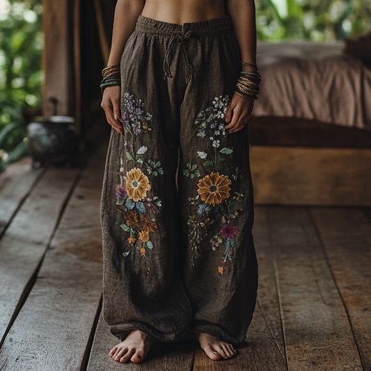 Vintage Bohemian Resort Forest Floral Art Printed Cotton Linen Wide Leg Pants elevenforest