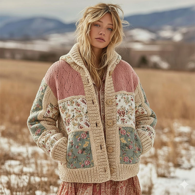 Women's Floral Patchwork Comfortable Hooded Knitted Sweater elevenforest