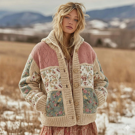 Comstylish Women's Floral Patchwork Comfortable Hooded Knitted Sweater