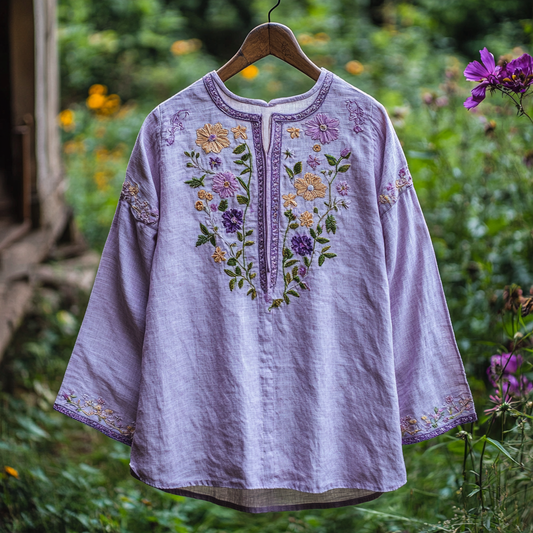 Women's Purple Flowers Embroidery Vintage Linen Shirt elevenforest