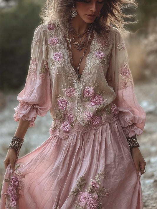Boho Glitter Pink Roses Lace Gradient Flowy Linen Maxi Dress elevenforest