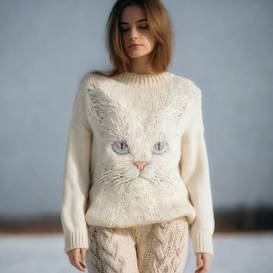 Cute Cat Face Embroidered Round Neck Cozy Knit Sweater elevenforest