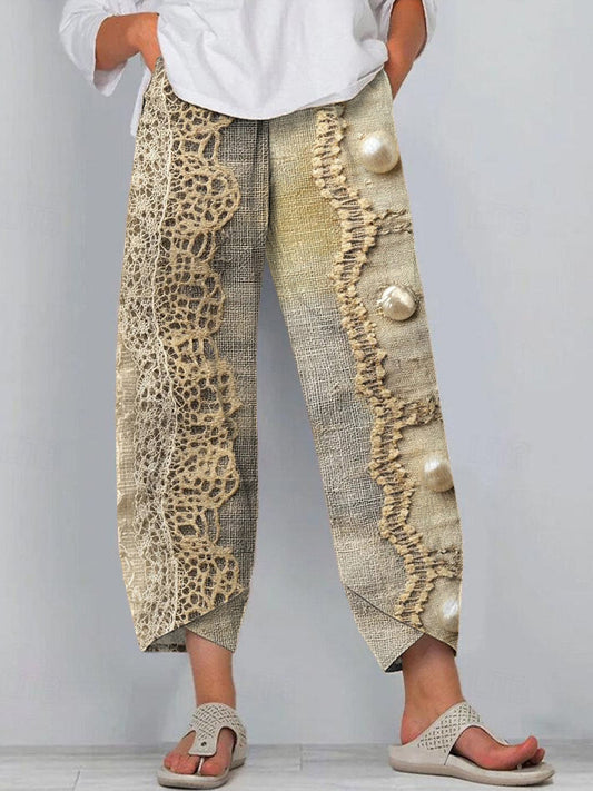 Vintage Lace Patchwork Pearl Embroidered Linen Pants elevenforest