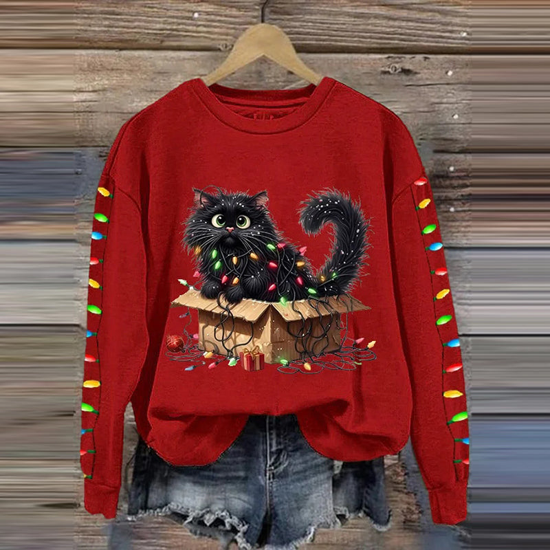 Women's Christmas Cat Print Crew Neck Casual Sweatshirt elevenforest