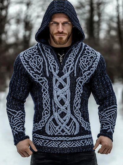 Men's Viking Tribal Jacquard Inspired Celtic Hooded Sweater elevenforest