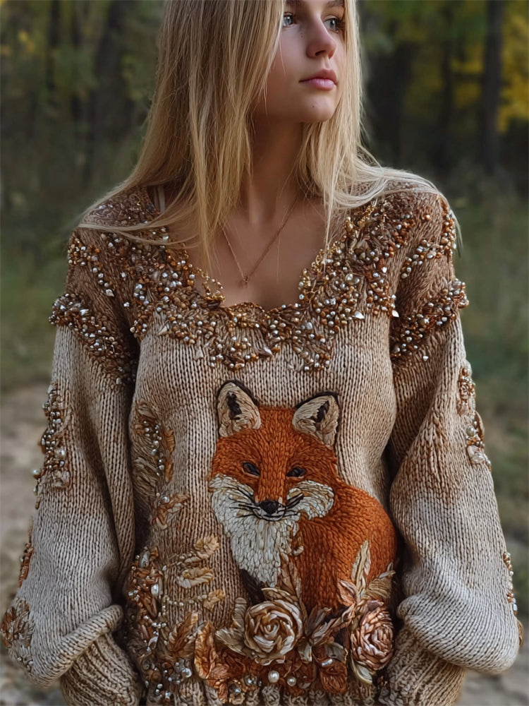 Fox Floral Glitter Embroidered V Neck Cozy Knit Sweater artswardrobe