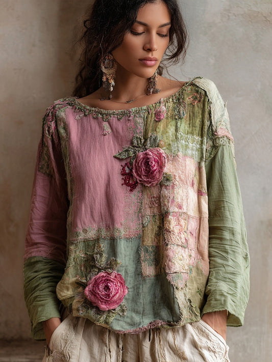 Vintage Pink Roses Embroidered Patchwork Linen Shirt elevenforest