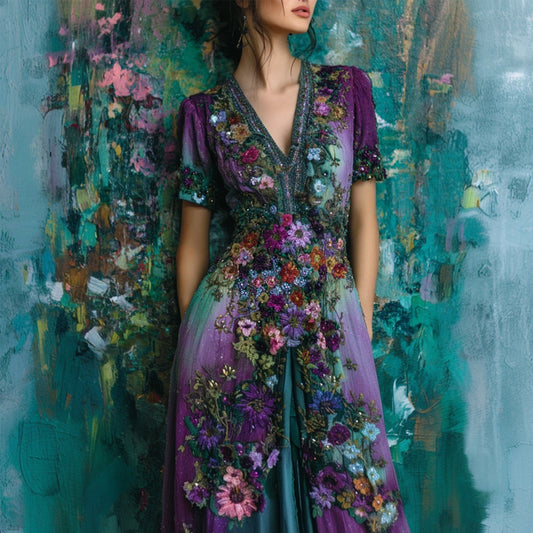 Vintage Floral Embroidered Gradient Linen Maxi Dress elevenforest