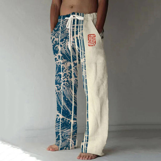 Men's Wave Art Print Casual Pants elevenforest