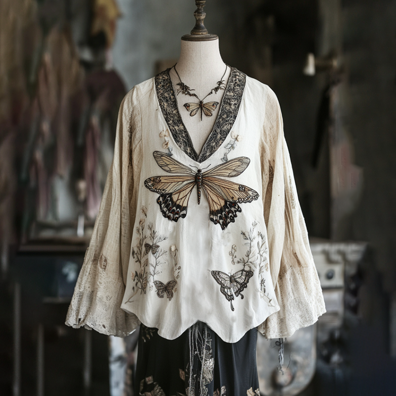 Women's Floral Dragonfly Embroidery Linen Art V-neck Shirt elevenforest