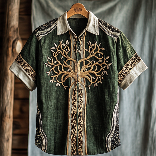 Men's Viking Tribal Life Of Tree Celtic Art Linen Shirt elevenforest