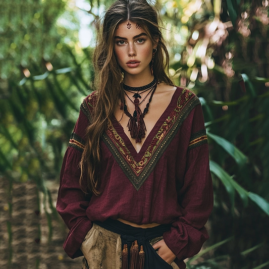 Retro Tribal Embroidery Print Cotton Linen Blend Loose Blouse elevenforest