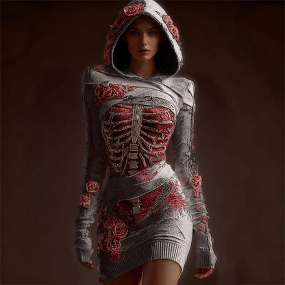 Comstylish Classy Skeleton Anatomy Bloody Roses Bandages Hooded Sweater Dress
