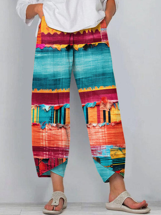 Boho Multicolor Patchwork Art Linen Blend Pants elevenforest