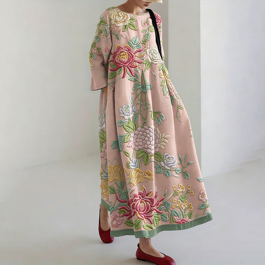Comstylish Women's Vintage Japanese Floral Print Round Neck Linen Blend Midi Dress