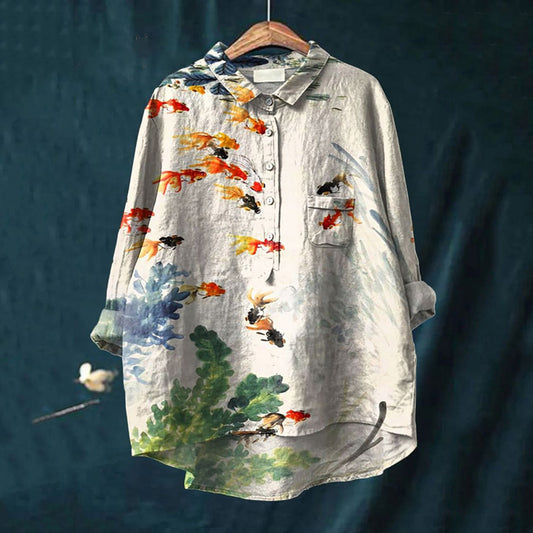 Women's Watercolor Fish Art Print Casual Cotton And Linen Shirt elevenforest