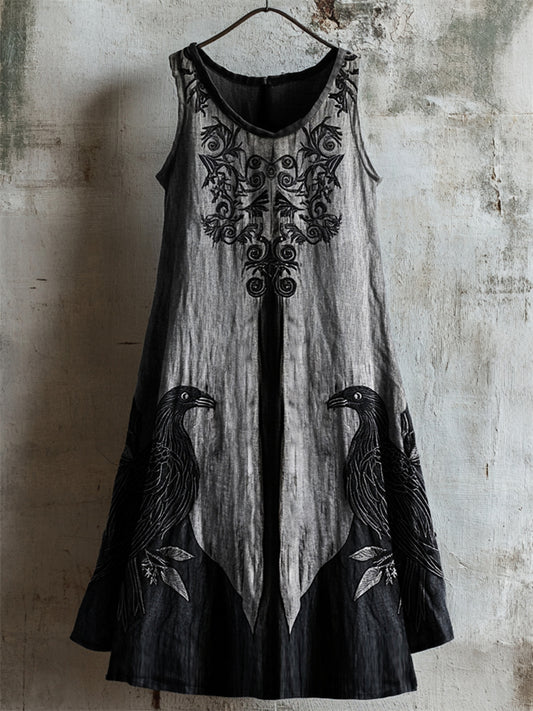 Vintage Viking Celtic Raven Contrast Linen Tank Dress elevenforest