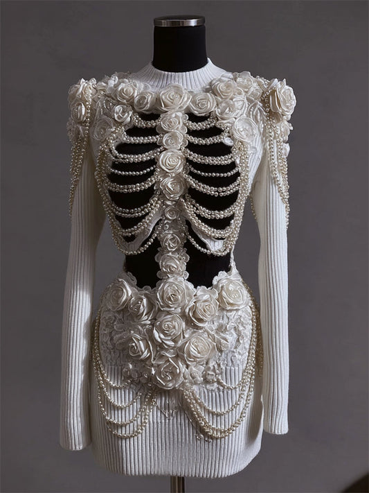 Comstylish Vintage Roses Skeleton Pearls Beaded Contrast Knit Sweater Dress